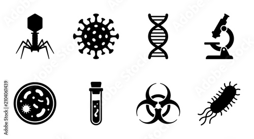 Quadro su tela Microbiology Icons: Virus, Bacteria, DNA, Microscope, Lab, Science Set