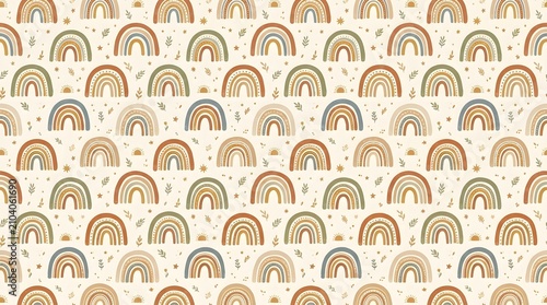 Seamless pattern with hand drawn boho rainbows and tiny leaves in warm earthy colors.