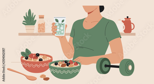 Person enjoying a healthy breakfast with fresh fruit and oats.