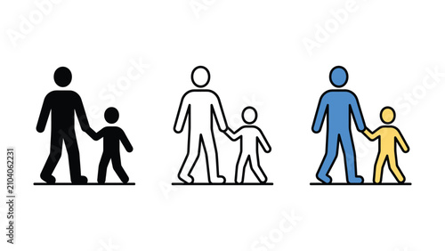 Stick figures of adults and children walking together in different colors on white background