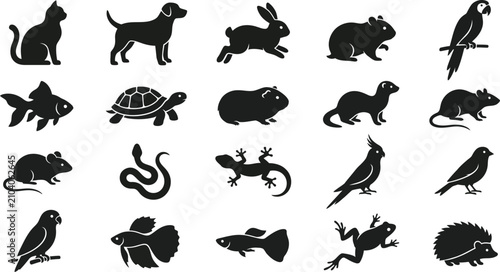 Set of black silhouette icons of various common pets including dog cat rabbit bird fish turtle snake and other small animals for veterinary and pet shop design elements