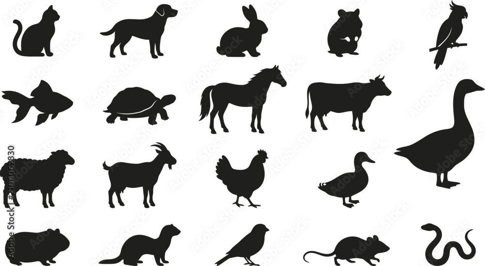Obraz premium Set of black animal silhouettes including dog cat horse bird farm livestock and wild creatures in simple graphic flat design style for educational and creative projects