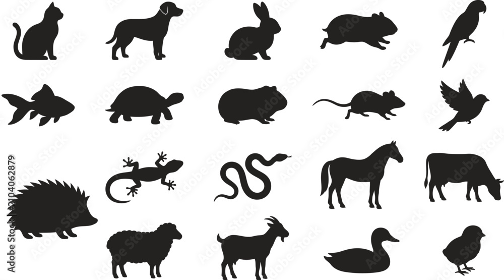 Fototapeta premium Set of black silhouettes of different domestic animals and pets including cat dog rabbit bird fish turtle horse pig and goat isolated as graphic icons for design projects