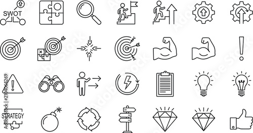 Set of business strategy and management line icons