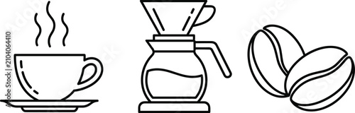 Set of coffee icons including a cup, a pour over coffee maker, and coffee beans