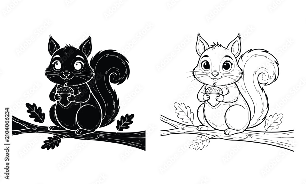 Fototapeta premium Cartoon squirrel holding acorn on tree branch illustration