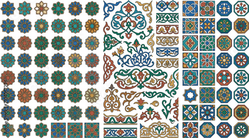 Intricate islamic ornament vector set featuring persian tiles arabesque floral motifs mosaic mandalas traditional middle eastern borders and geometric patterns on white