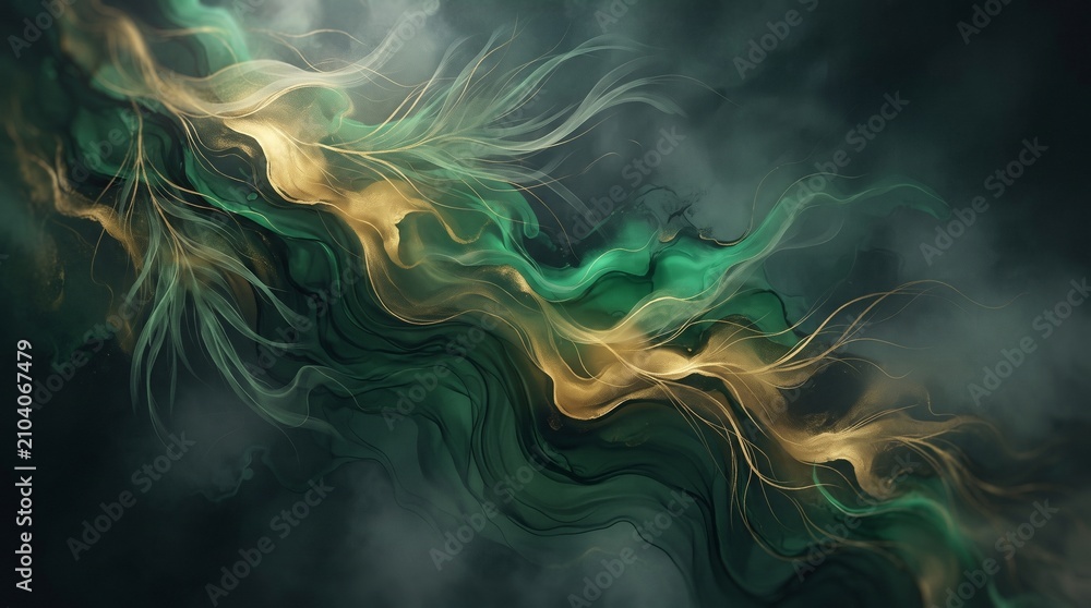 Fototapeta premium Ethereal Flow of Green and Gold Abstract Waves Moving Through Dark Atmospheric Clouds for Modern Elegant Design Background
