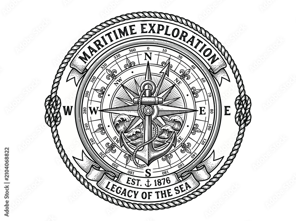 Naklejka premium Vintage Maritime Compass and Anchor Emblem Design.