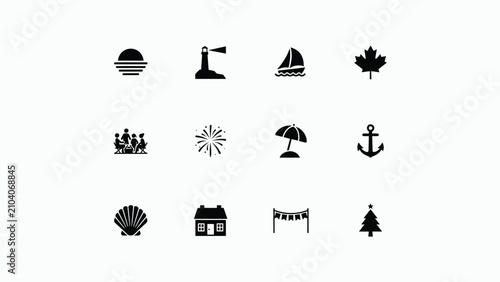 Canvastavla Minimalist black icons set featuring lifestyle travel and holiday symbols on whi