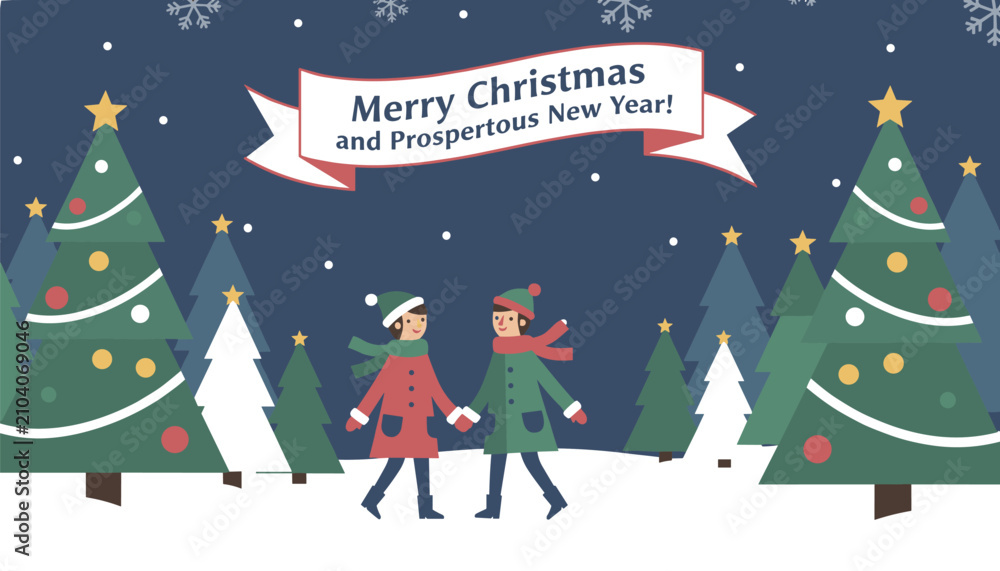 Fototapeta premium Happy couple holding hands in a snowy winter forest under a festive merry christmas banner during night time.