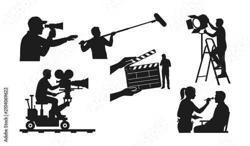 Film crew recording video on set with professional equipment. Camera operators and director capturing movie scenes with clapperboard and lighting g...