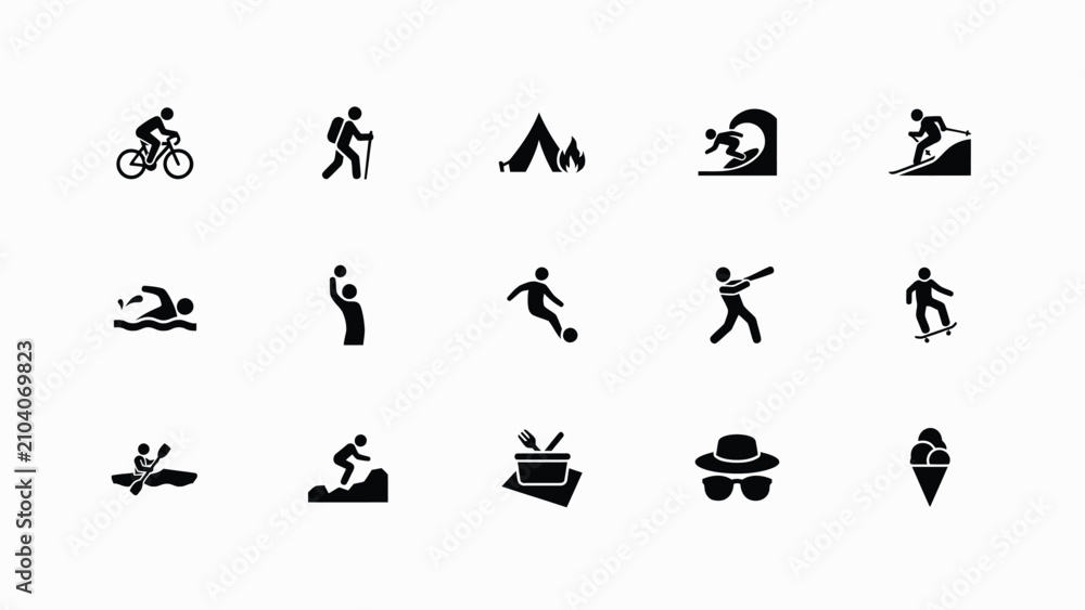Obraz premium Set of minimalist flat icons depicting diverse outdoor activities and lifestyle elements in bold black silhouettes with evoking simplicity versatility graphic design use