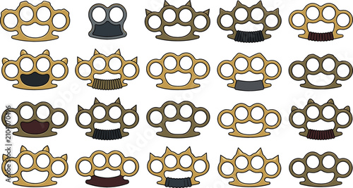 Fotografía Brass knuckles vector icon set featuring various metallic knuckle duster designs