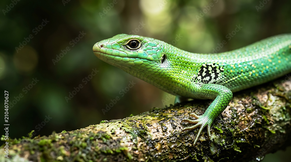 Fototapeta premium Green lizard resting on moss-covered rock in forest for nature education projects . Ai Generated