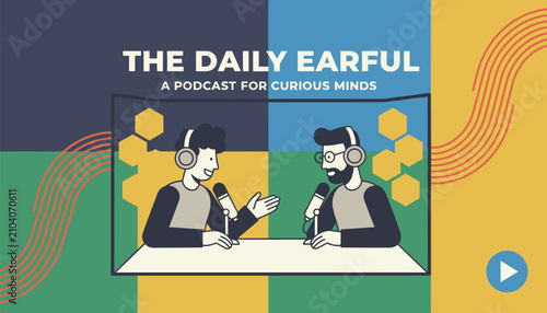Podcast cover illustration featuring two male hosts speaking into microphones under title the daily earful.