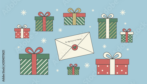 Festive Christmas scene with multiple gift boxes and a sealed envelope addressed to my dearest friend.