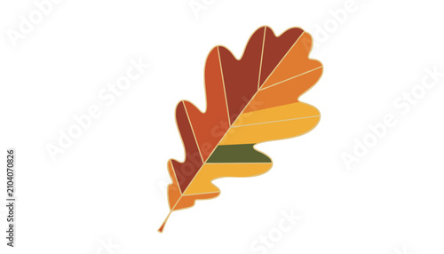 Graphic illustration of an oak leaf showing various autumn colors like orange, red, gold, and dark green, on a white background.