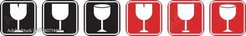 Fragile glass sign icon set with broken wine glass and package handling symbols in solid and colored styles. featuring wine glass illustrations, broken glass indicators, handle with care hands, and th