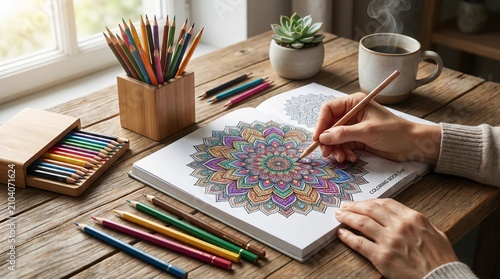 Person coloring a mandala in a book. Adult art therapy with colored pencils on wood table.