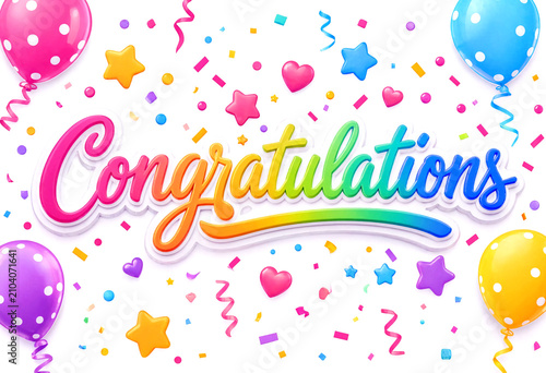 Colorful congratulations text with balloons stars hearts and confetti for celebrations and achievements