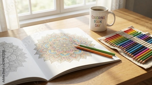 Person coloring a mandala in a book. Adult art therapy with colored pencils on wood table.
