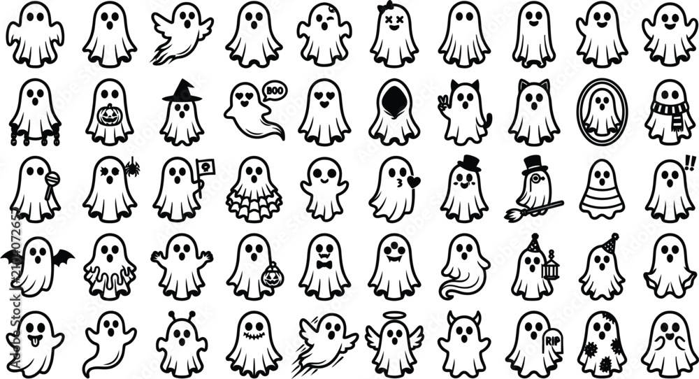 Obraz premium Set of funny and cute ghost characters with different expressions and costumes on transparent background.