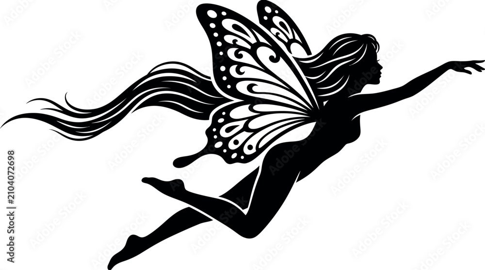 Fototapeta premium Beautiful Fantasy Fairy Girl Silhouette Flying Through The Air With Detailed Butterfly Wings And Flowing Hair