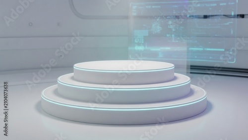 Three-tier empty white tech podium with soft cyan edge lights futuristic studio