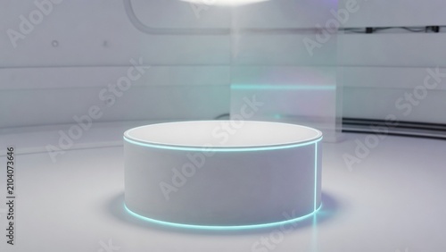 Minimal white circular tech podium with cyan rim light in futuristic studio