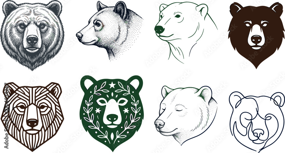 Obraz premium Bear head vector set featuring grizzly and polar bear designs with geometric patterns, line art illustrations, stipple sketches, and wildlife mascot emblems.