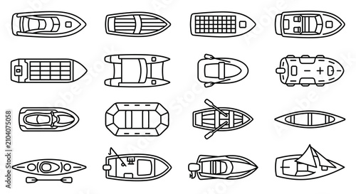 Boats are displayed as a collection of sixteen distinct maritime vessel icons arranged in a grid pattern to represent various nautical transport types for recreational water travel and navigation.
