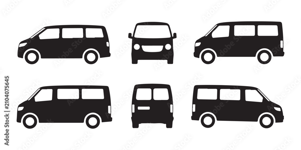 Fototapeta premium Van vector collection with side front and back views for cargo or passenger transport silhouette.