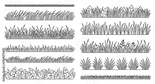 Grass borders feature assorted meadow vegetation arranged in linear sets of black and white line art illustrations that provide natural decorative elements for botanical design and layout projects.