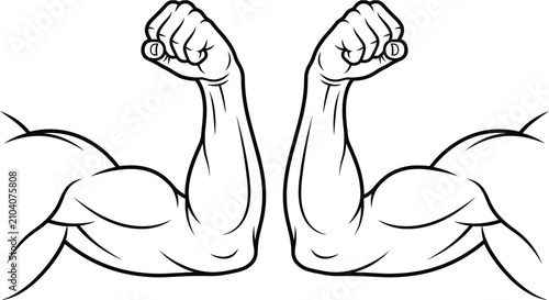 Biceps flexing show muscular strength through a bold line art illustration that demonstrates athletic power and physical health for fitness branding projects requiring a clean and simplistic.