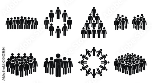 Crowd icons depict various organizational patterns and social configurations in an eight-panel grid, illustrating complex human interactions and structural arrangements within large group settings.