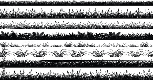 Grass silhouettes display various botanical textures and landscape elements in six distinct horizontal rows, providing a versatile collection of natural plant motifs for environmental design projects.