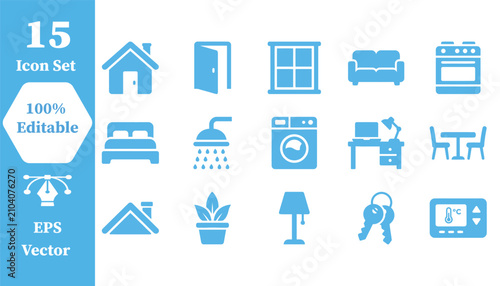 Set of 15 flat home utility and interior appliance icons with web design