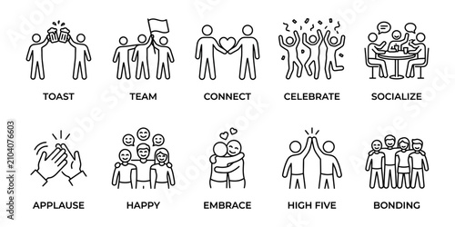 Friendship activities and team bonding vector icons designed for social media graphics, community event flyers, and youth programs. These simple outline illustrations show people socializing happily.