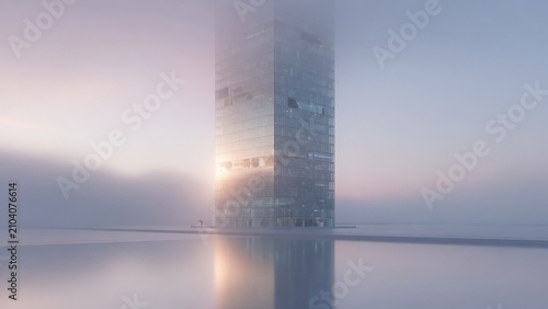 Single tall glass skyscraper emerging from dense fog soft dawn light