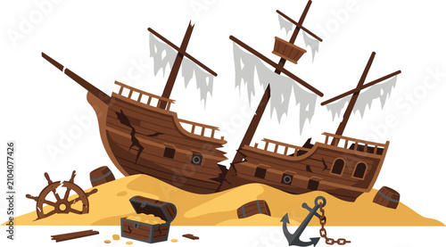 Bild auf Leinwand Sunken Pirate Shipwreck Vector Illustration with Broken Wooden Hull tattered Sai