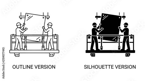 Картината върху платно Construction Workers on Platform: Two construction workers, one in an outline and one in a silhouette, carefully maneuver a large glass panel from a raised platform