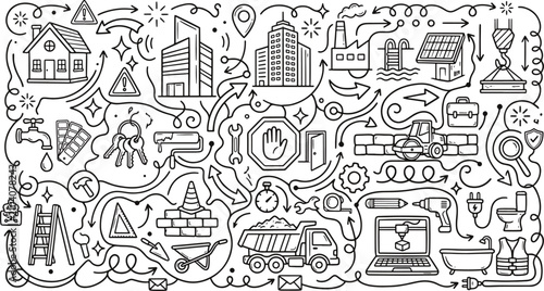 Construction and building architecture doodle icon set with tools and industrial elements construction building architecture industry engineering infrastructure renovation handdrawn