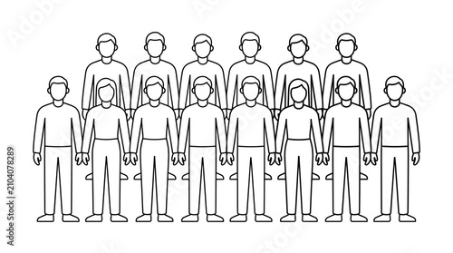 Individuals stand in a structured multi-row formation, represented by simple line art figures to symbolize a organized social group, team, or audience assembled for a collaborative event setup.