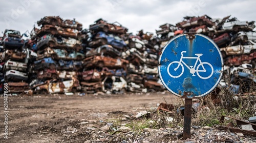 Scrapheap Serenity: A solitary bicycle lane sign stands resilient amidst a vast landscape of crushed cars, a stark juxtaposition of nature and discarded industry.
