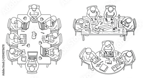 Coworkers gather at multiple tables to participate in diverse small group meetings, utilizing laptops and shared documents to facilitate effective communication and active project management.