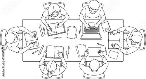 Colleagues sit around a rectangular conference table to collaborate on a work project using laptops and notebooks while engaging in professional teamwork to complete their tasks in a modern office.