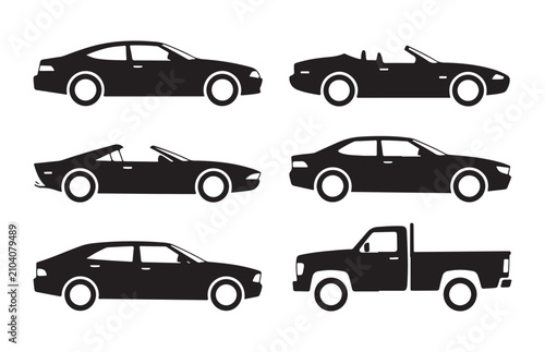 Canvas Print Different car body silhouettes including sports coupe roadster hatchback and light pickup truck