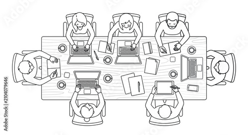 Business meeting participants are depicted in a top-down line art style as they sit around a large rectangular table while collaborating on various digital devices and documents in a modern office.