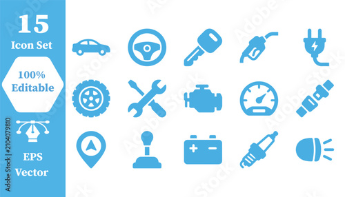 Automotive repair and maintenance icon set with steering speedometer seatbelt